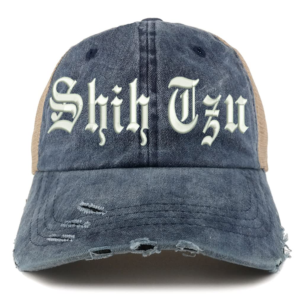Trendy Apparel Shop Old English Shih Tzu Frayed Bill Trucker Mesh Back Cap