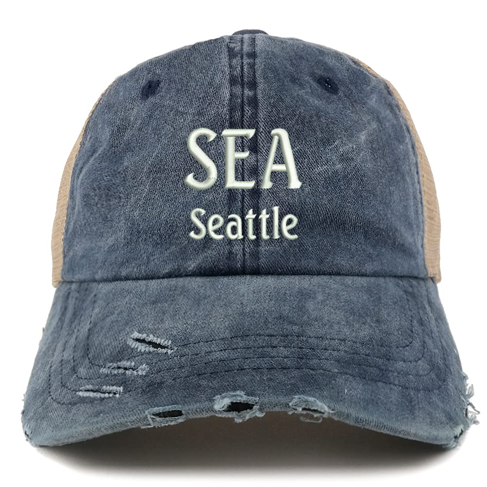 Trendy Apparel Shop SEA Seattle Embroidered Frayed Bill Trucker Mesh Back Cap