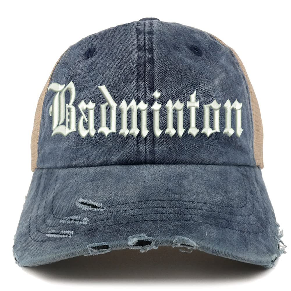 Trendy Apparel Shop Old English Badminton Frayed Bill Trucker Mesh Back Cap