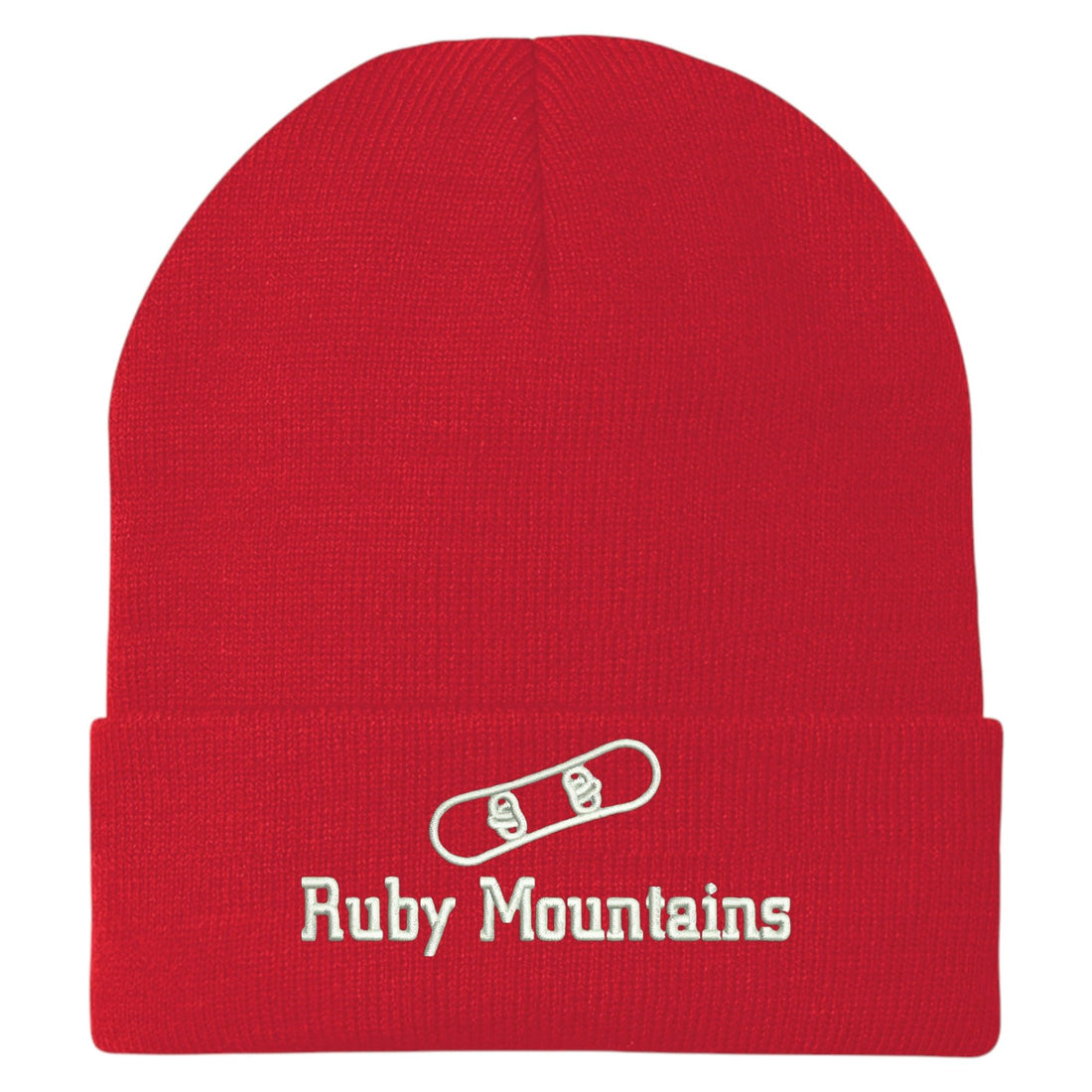 Trendy Apparel Shop Ruby Mountains Snowboard Logo Embroidered Long Cuff Beanie