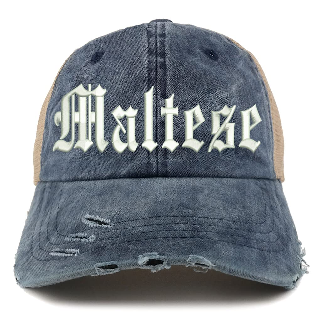 Trendy Apparel Shop Old English Maltese Frayed Bill Trucker Mesh Back Cap