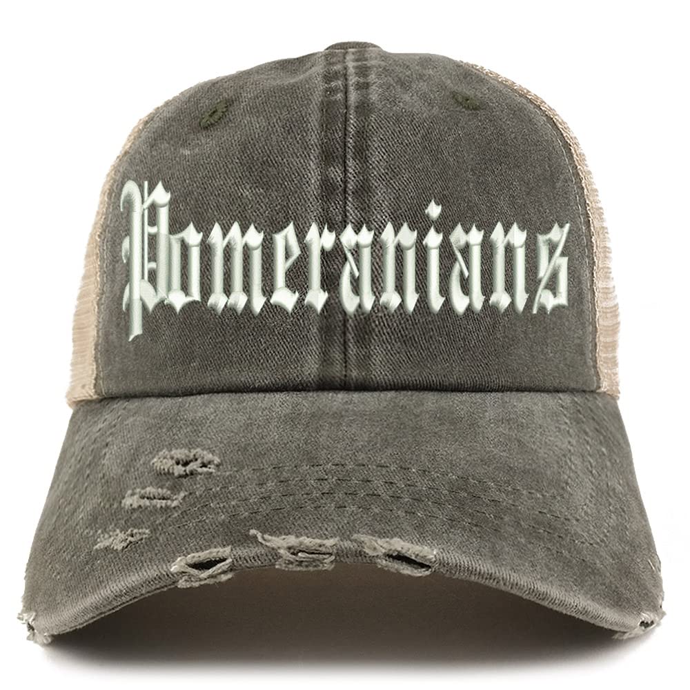 Trendy Apparel Shop Old English Pomeranians Frayed Bill Trucker Mesh Back Cap