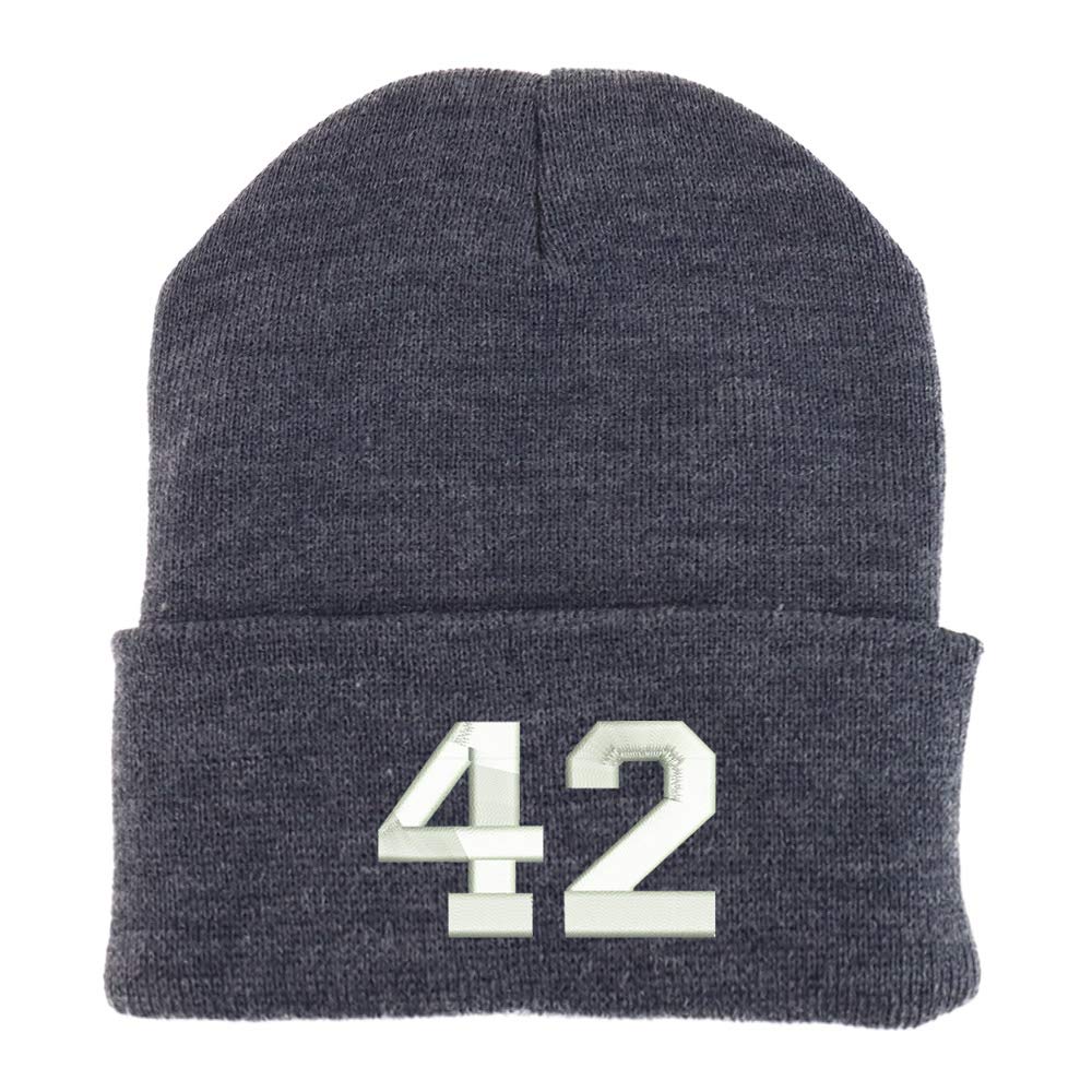 Trendy Apparel Shop Number 42 Collegiate Varsity Embroidered Made in USA Cuff Folded Acylic Knit Winter Beanie Hat