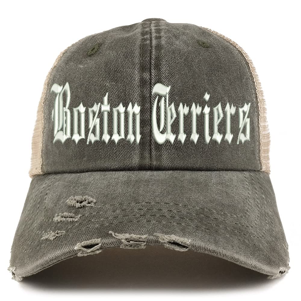 Trendy Apparel Shop Old English Boston Terriers Frayed Bill Trucker Mesh Back Cap