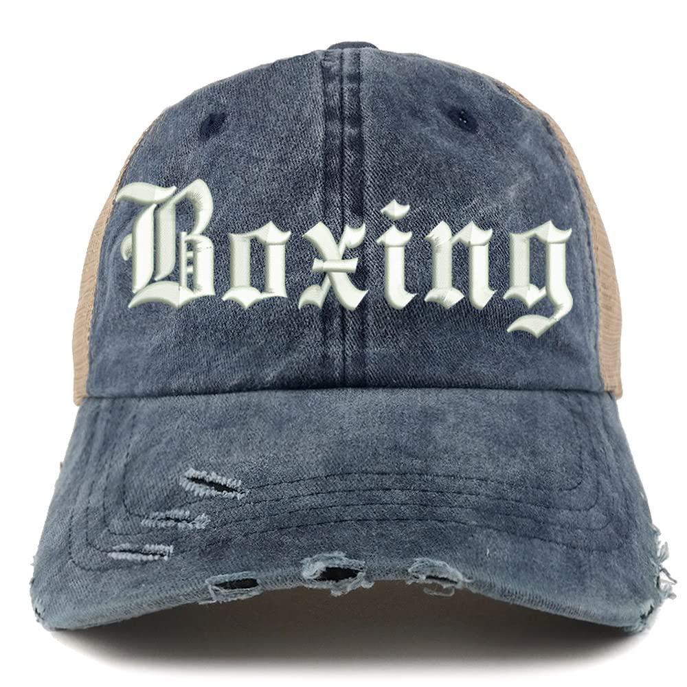 Trendy Apparel Shop Old English Boxing Frayed Bill Trucker Mesh Back Cap