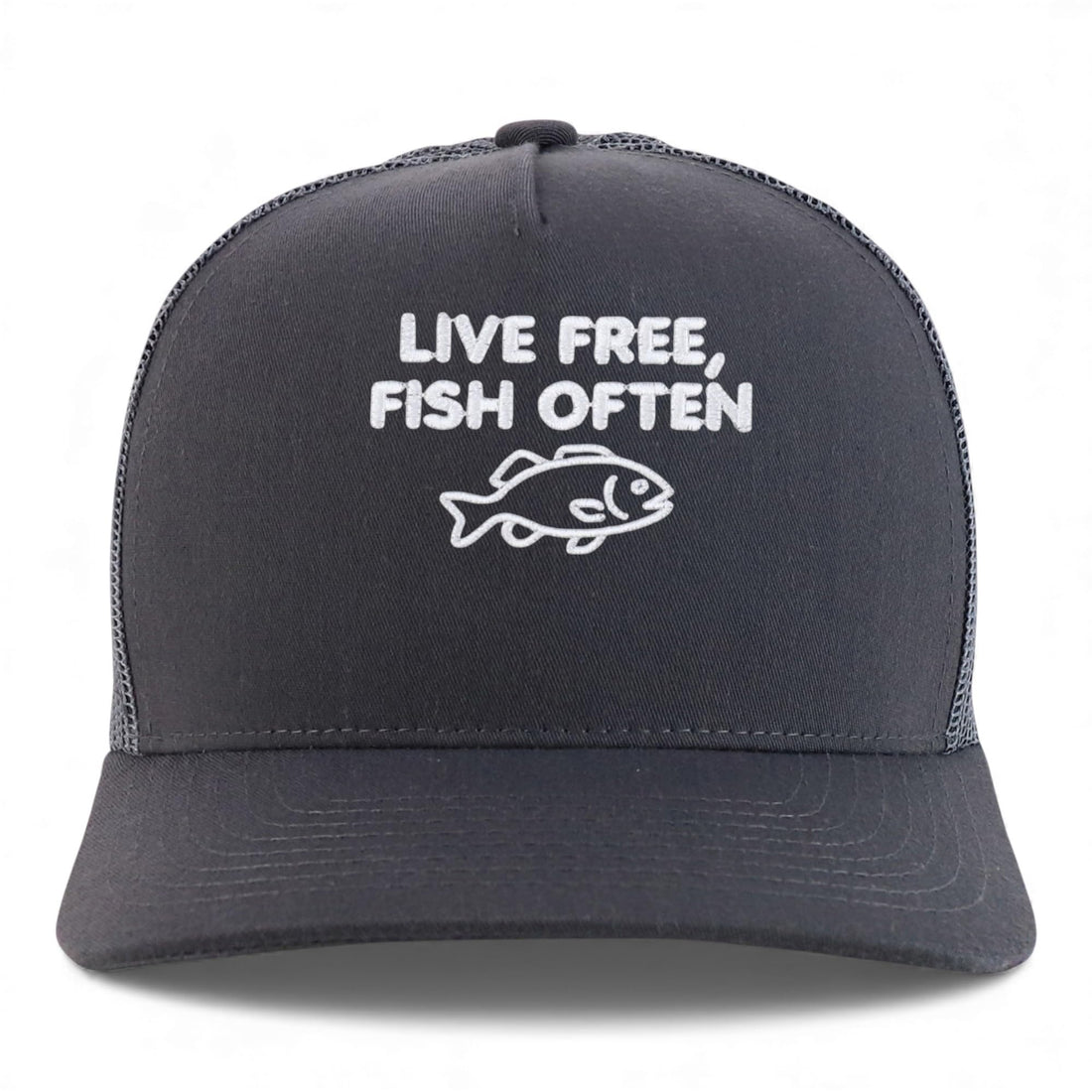 Trendy Apparel Shop Live Free, Fish Often Embroidered 5 Panel Snapback Trucker Cap