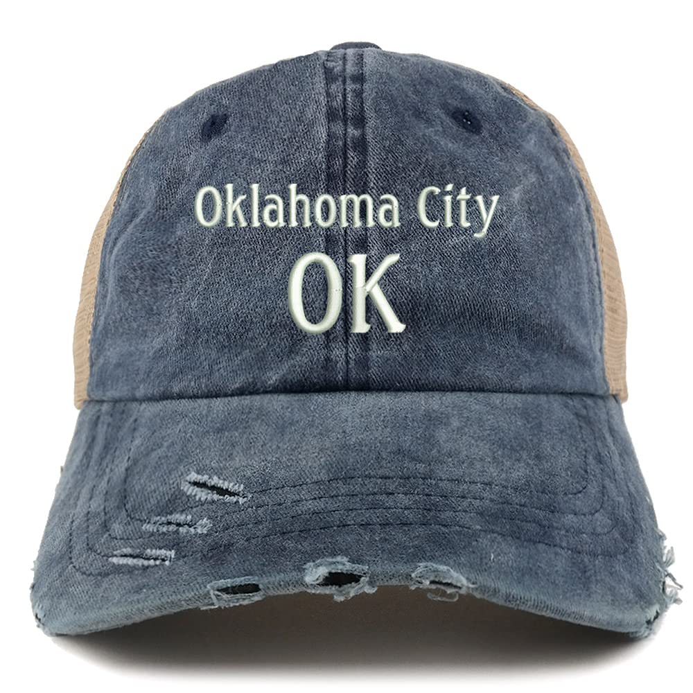 Trendy Apparel Shop Oklahoma City OK Embroidered Frayed Bill Trucker Mesh Back Cap