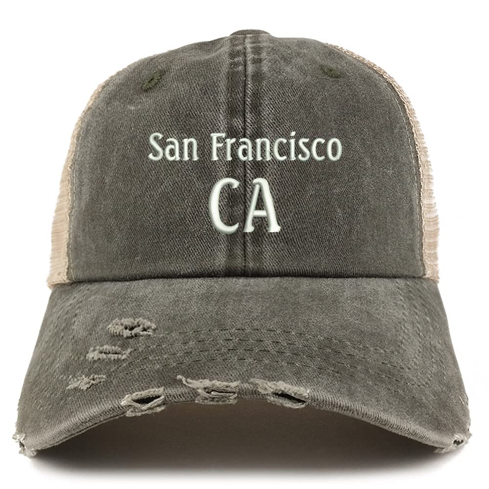 Trendy Apparel Shop San Francisco CA Embroidered Frayed Bill Trucker Mesh Back Cap