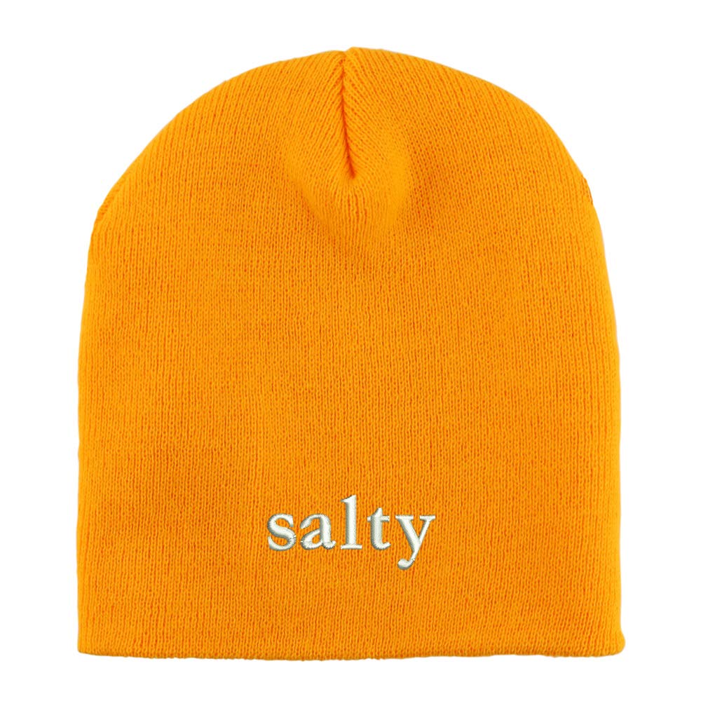 Trendy Apparel Shop Salty Embroidered Made in USA Short Acrylic Knit Winter Beanie Hat