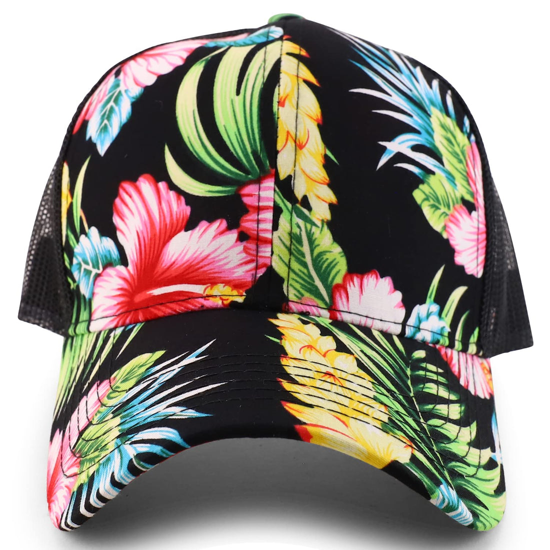 Trendy Apparel Shop Tropical Flower Hibiscus Pattern Print Trucker Mesh Ball Cap