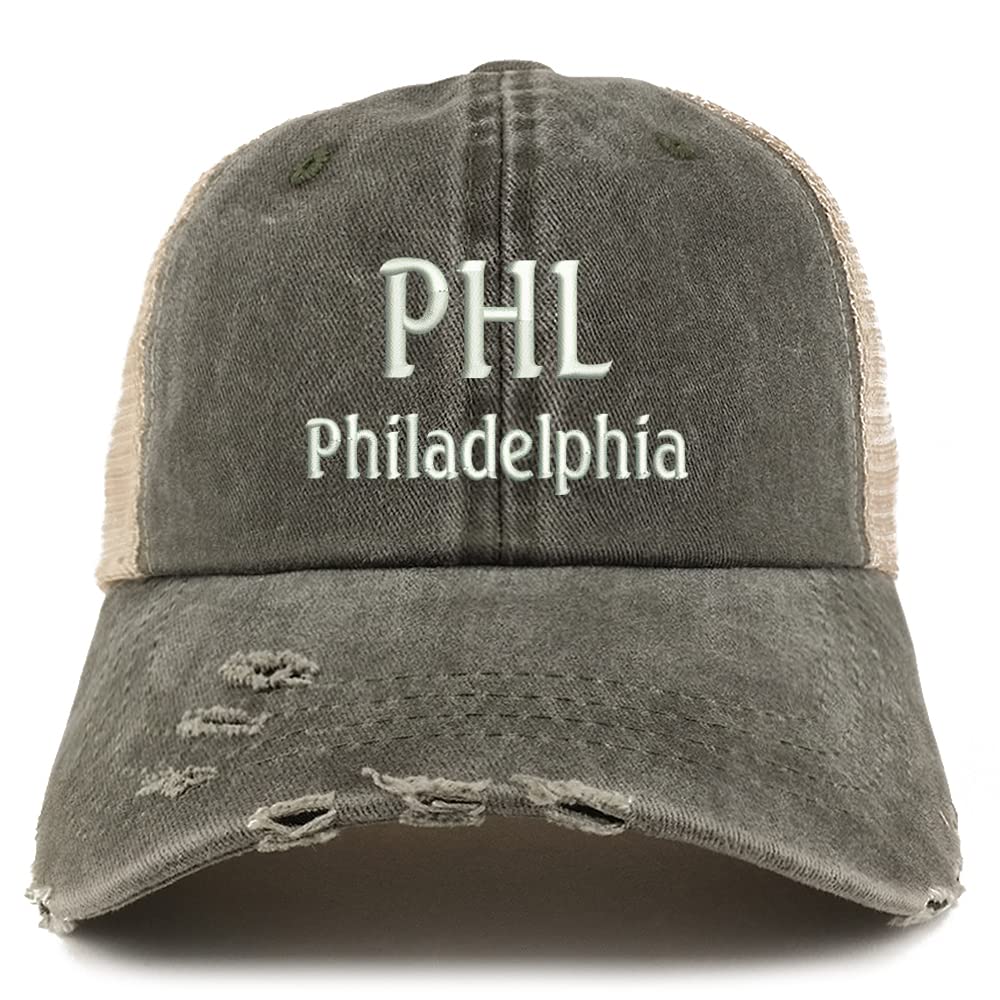 Trendy Apparel Shop PHL Philadelphia Embroidered Frayed Bill Trucker Mesh Back Cap