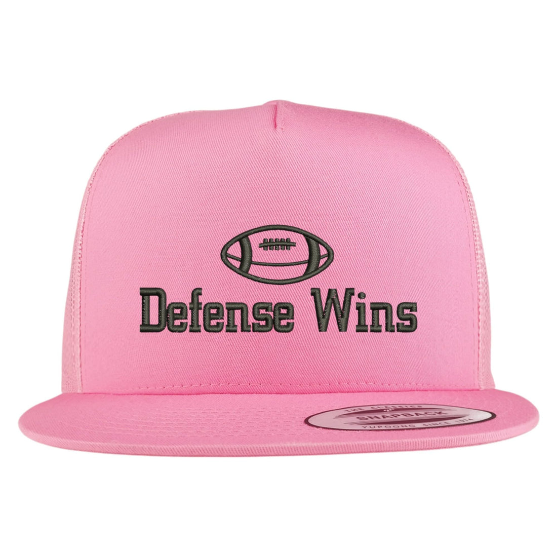 Trendy Apparel Shop Football Defense Wins Embroidered 5 Panel Flatbill Trucker Mesh Cap