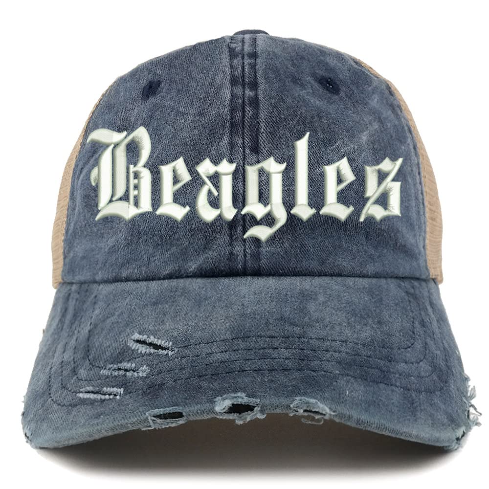 Trendy Apparel Shop Old English Beagles Frayed Bill Trucker Mesh Back Cap