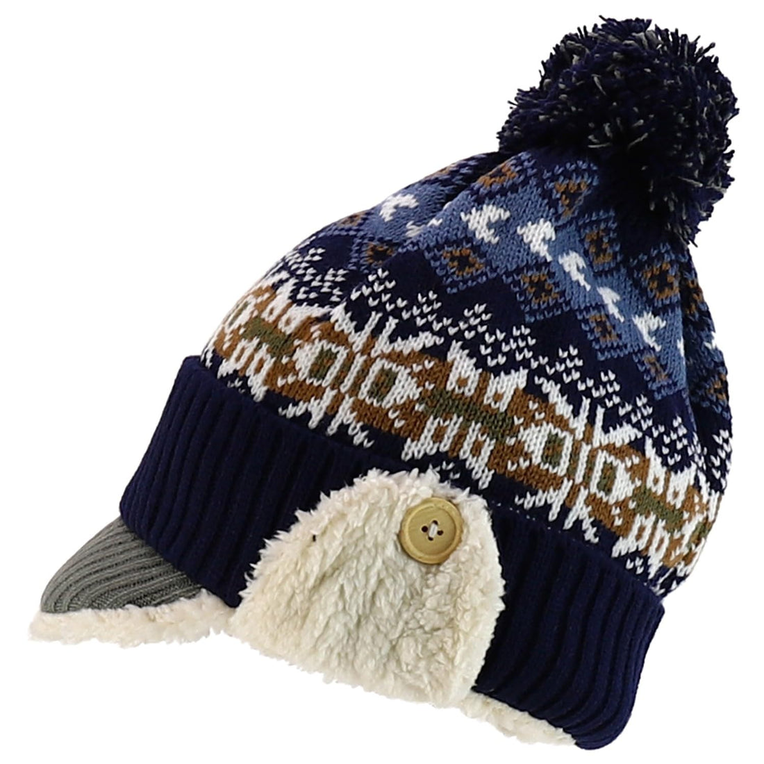 Trendy Apparel Shop Youth Size Kid's Warm Acrylic Brim Knit Winter Print Trapper Hat with Pom Pom