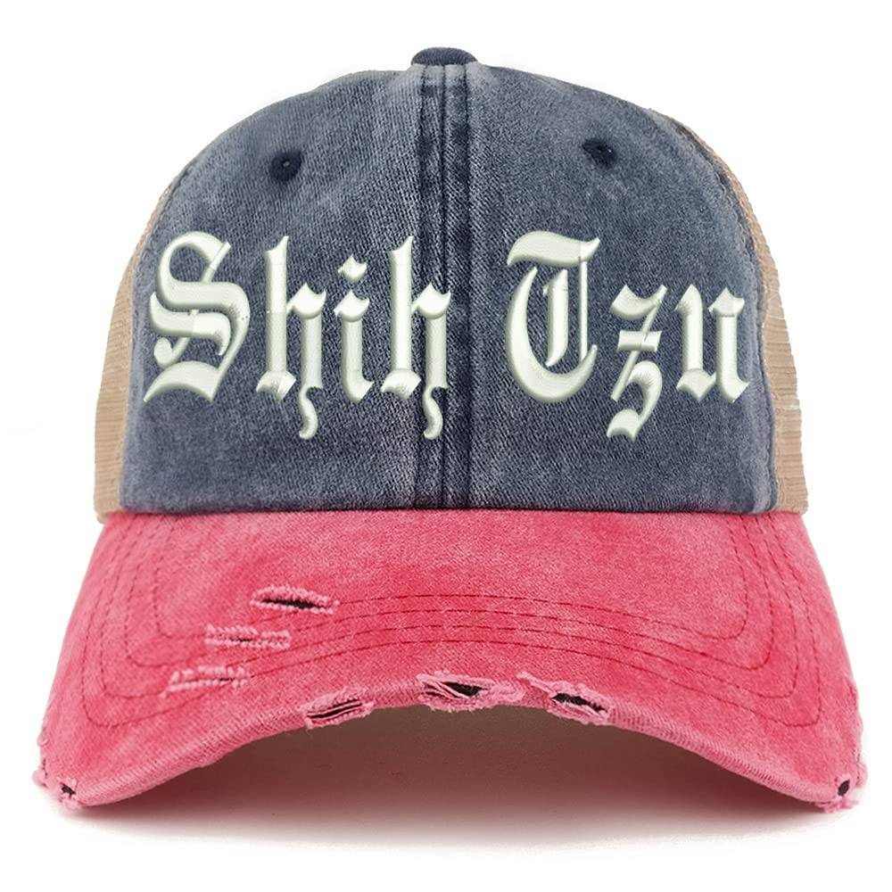 Trendy Apparel Shop Old English Shih Tzu Frayed Bill Trucker Mesh Back Cap