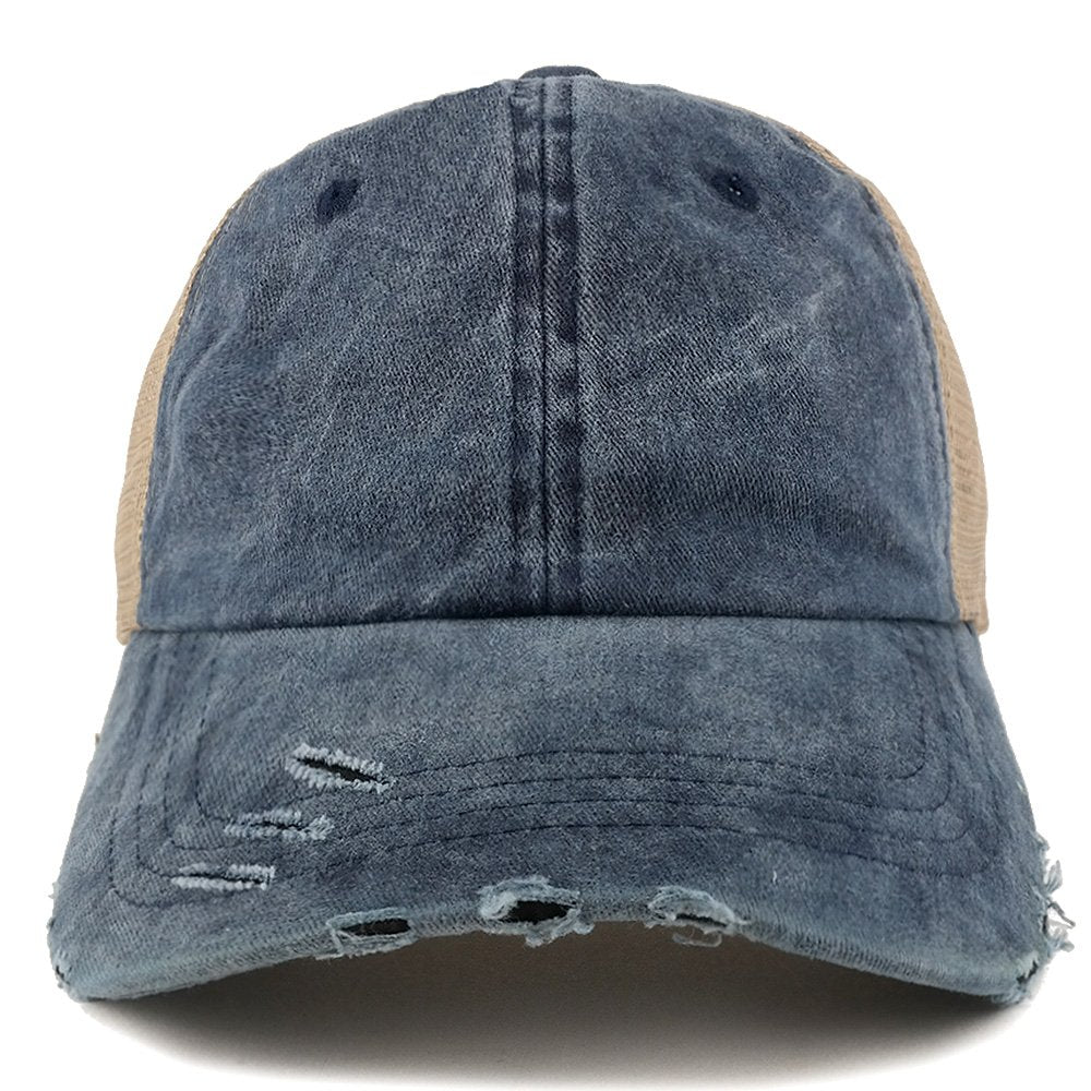 Trendy Apparel Shop Pigment Dyed Front Mesh Back Frayed Bill Trucker Cap