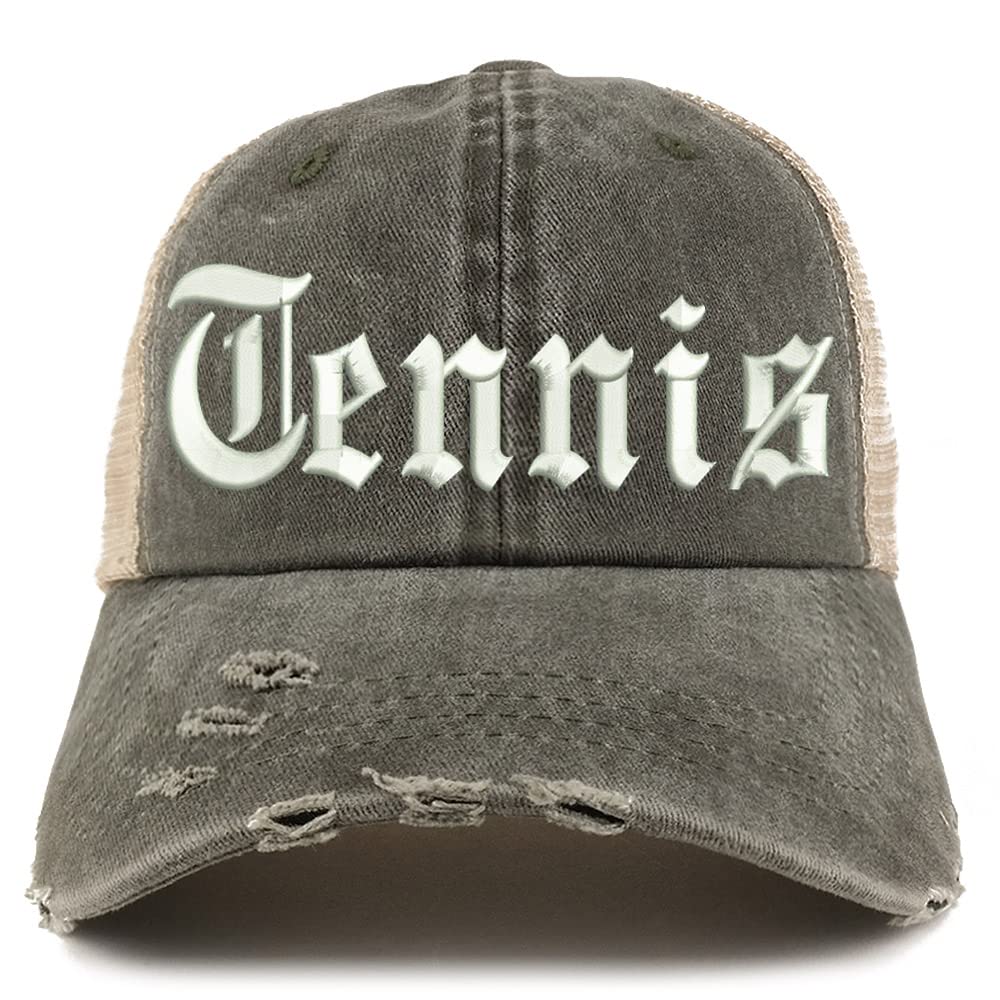 Trendy Apparel Shop Old English Tennis Frayed Bill Trucker Mesh Back Cap