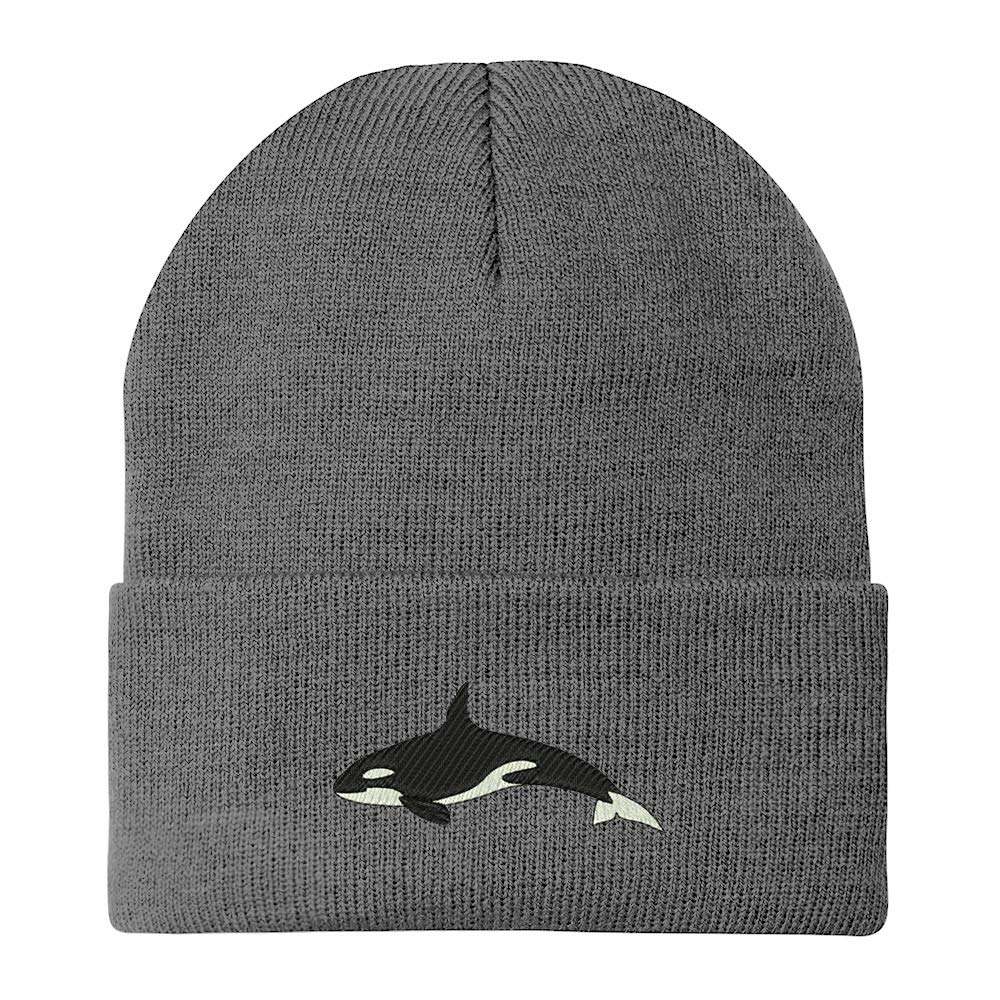 Trendy Apparel Shop Orca Killer Whale Embroidered Winter Long Cuff Beanie - Grey
