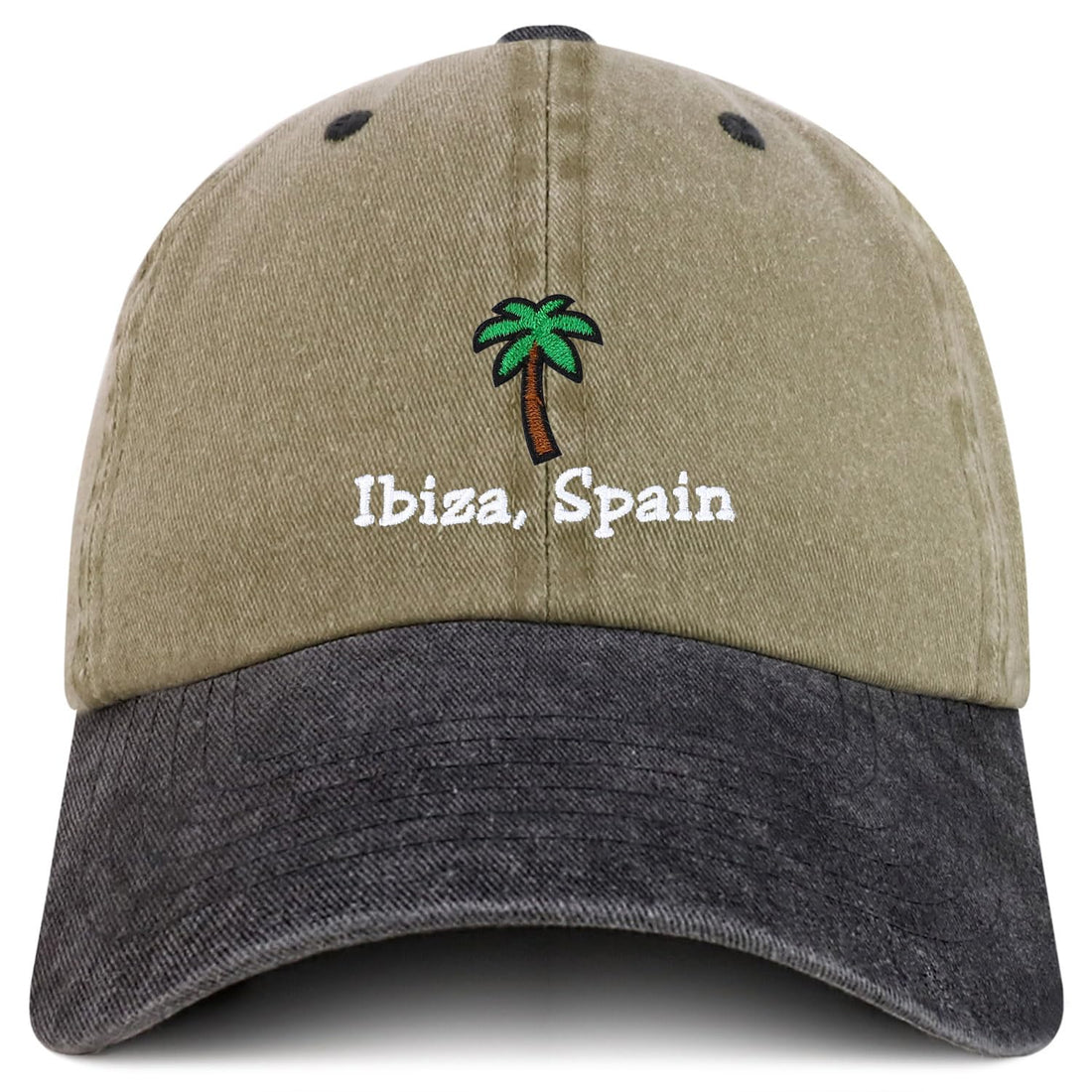 Trendy Apparel Shop Ibiza Spain with Palm Tree Embroidered Pigment Dyed Cotton Baseball Cap