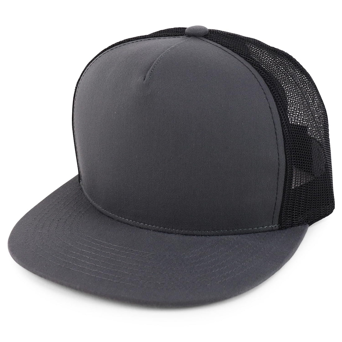 Trendy Apparel Shop Structured High Crown 5 Panel Round Flat Bill Trucker Cap