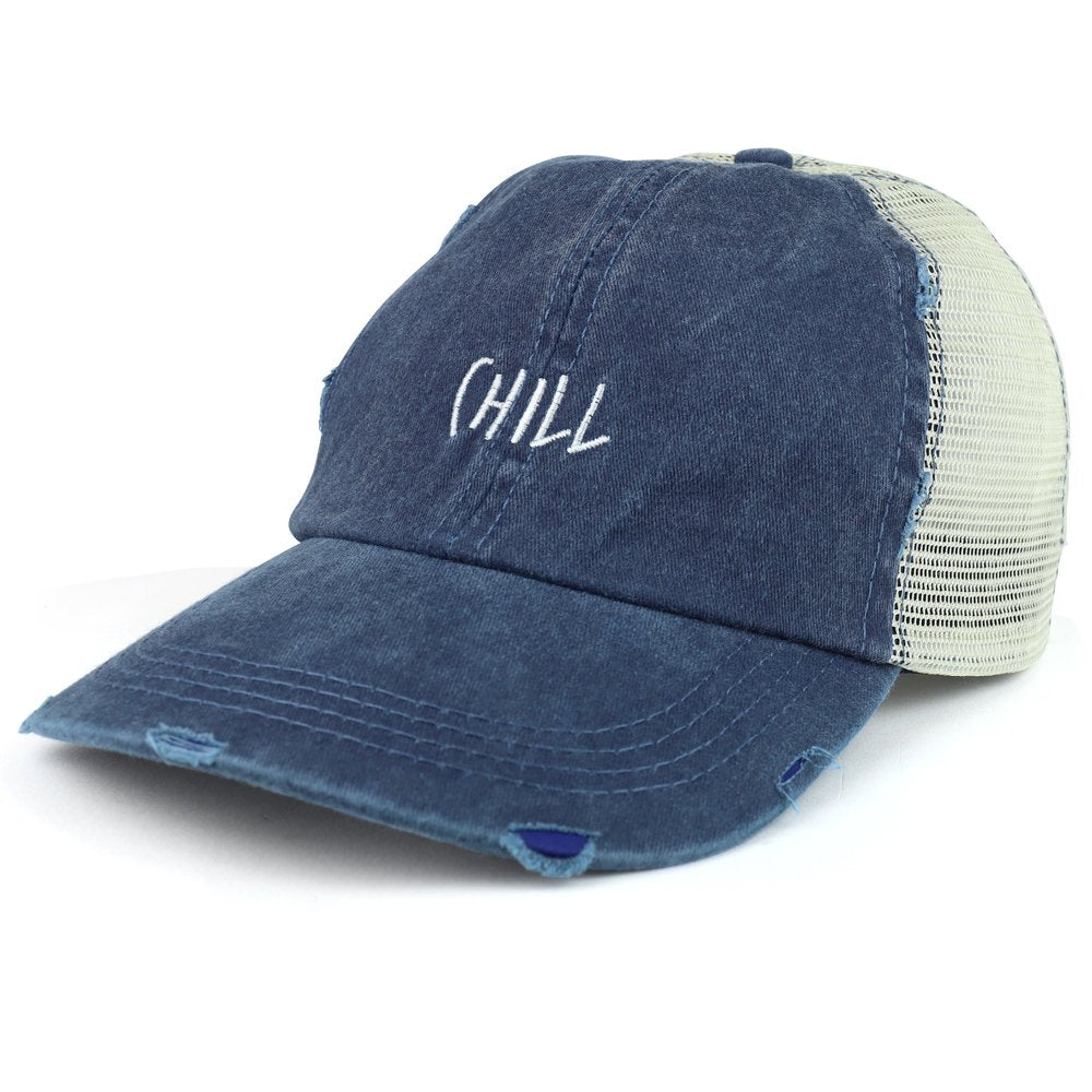 Trendy Apparel Shop Chill Embroidered Unstructured Washed Frayed Trucker Mesh Cap