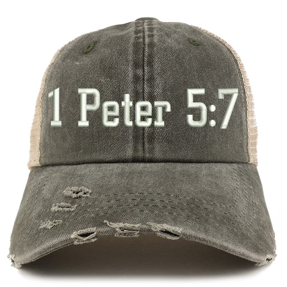 Trendy Apparel Shop 1 Peter 5:7 Frayed Bill Trucker Mesh Back Cap