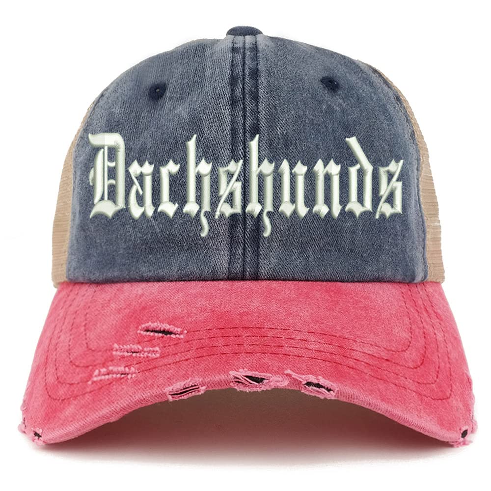 Trendy Apparel Shop Old English Dachshunds Frayed Bill Trucker Mesh Back Cap