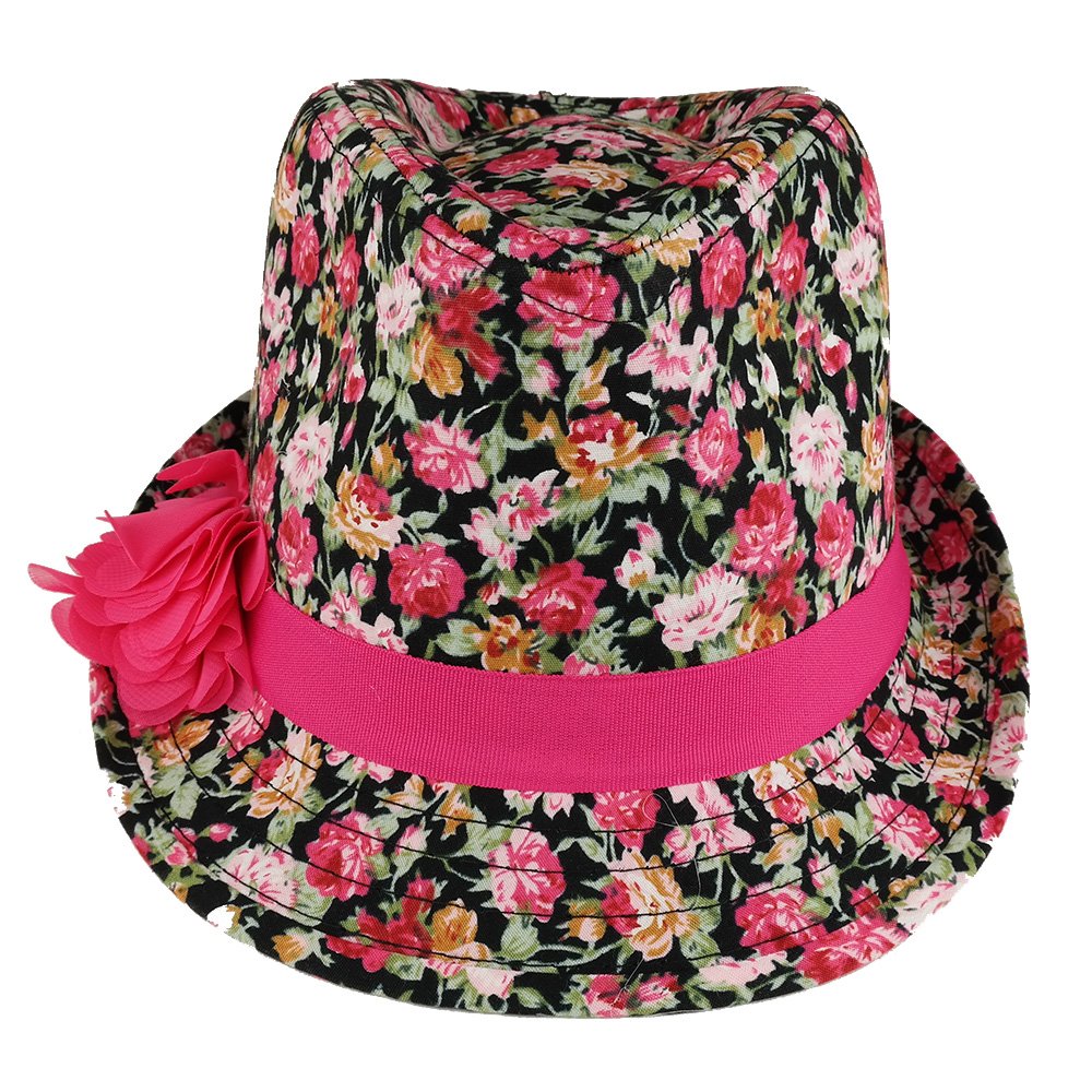 Trendy Apparel Shop Girl's Rose Floral Print Fedora Hat with Flower Hat Band