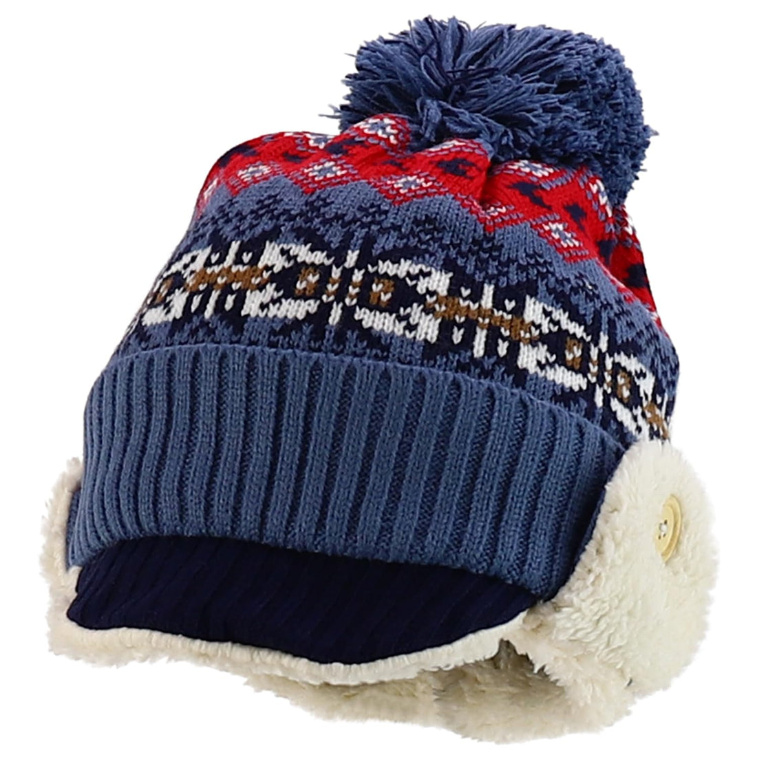 Trendy Apparel Shop Youth Size Kid's Warm Acrylic Brim Knit Winter Print Trapper Hat with Pom Pom