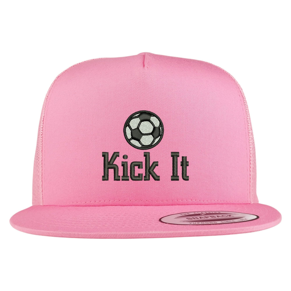 Trendy Apparel Shop Soccer Kick It Embroidered 5 Panel Flatbill Trucker Mesh Cap