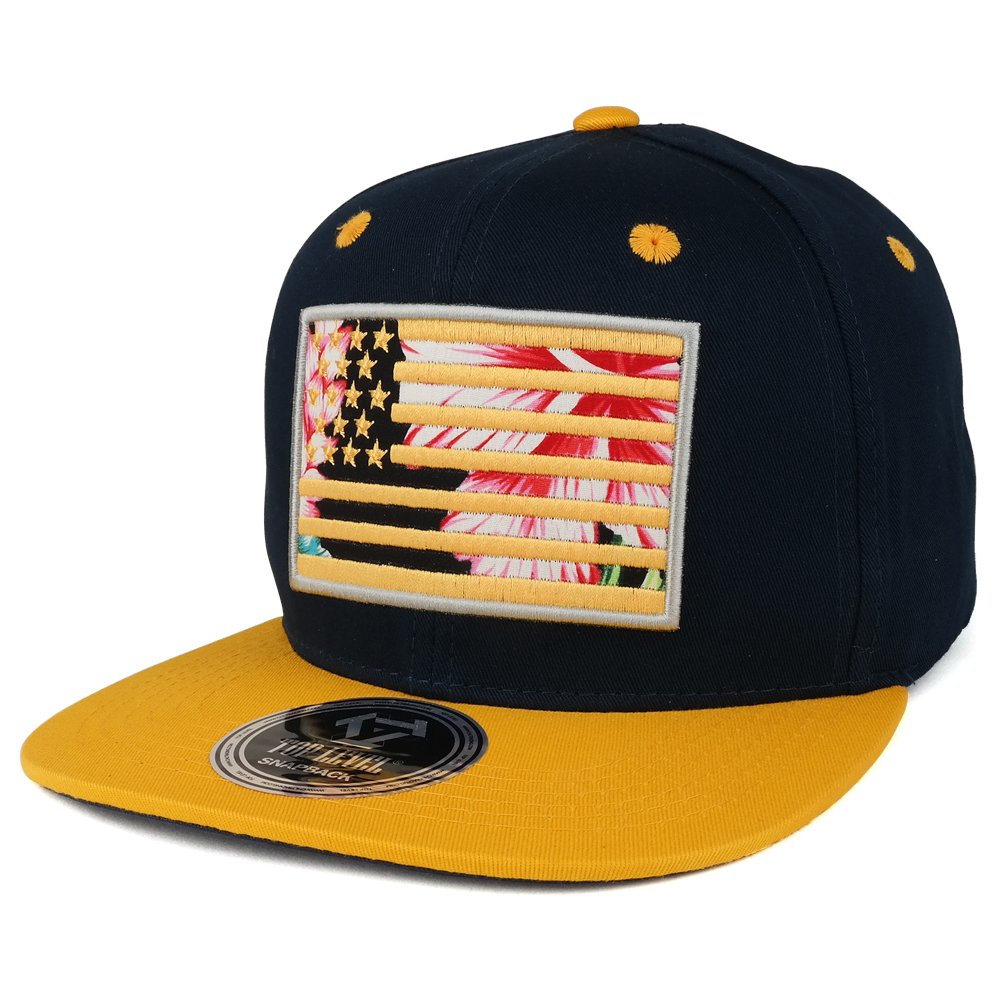 Trendy Apparel Shop USA Flag with Floral Pattern Print Embroidered Flat Bill Snapback Cap