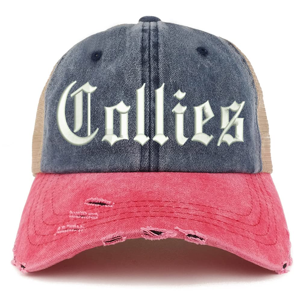 Trendy Apparel Shop Old English Collies Frayed Bill Trucker Mesh Back Cap