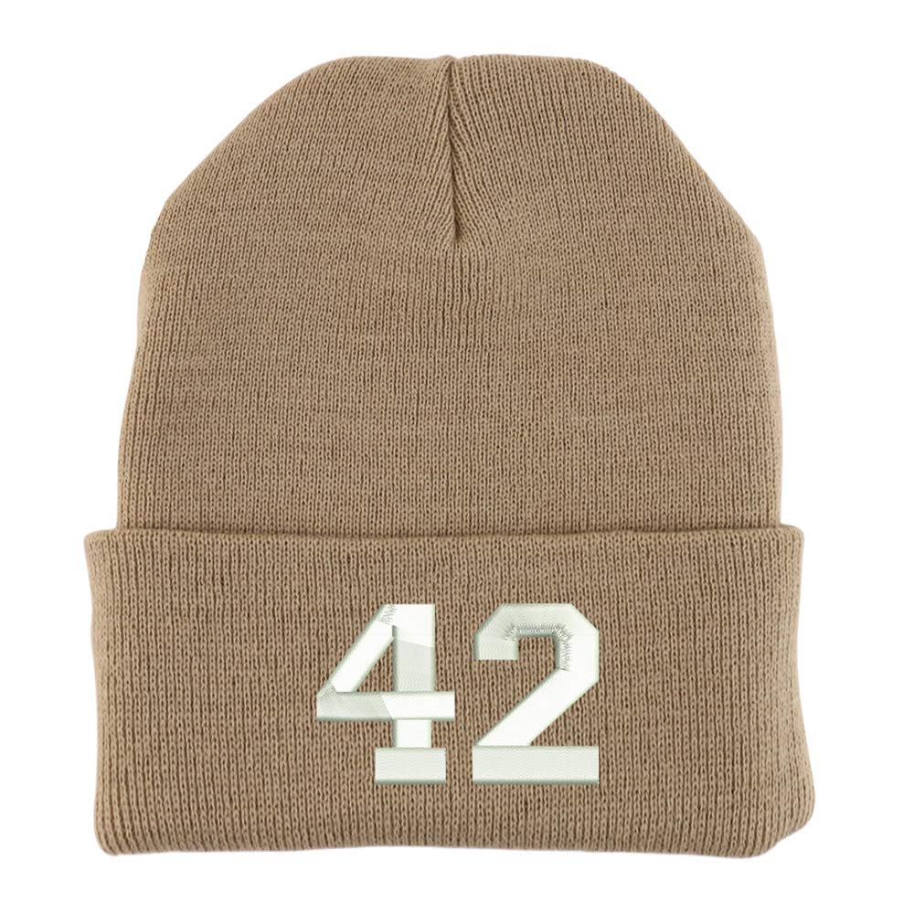 Trendy Apparel Shop Number 42 Collegiate Varsity Embroidered Made in USA Cuff Folded Acylic Knit Winter Beanie Hat