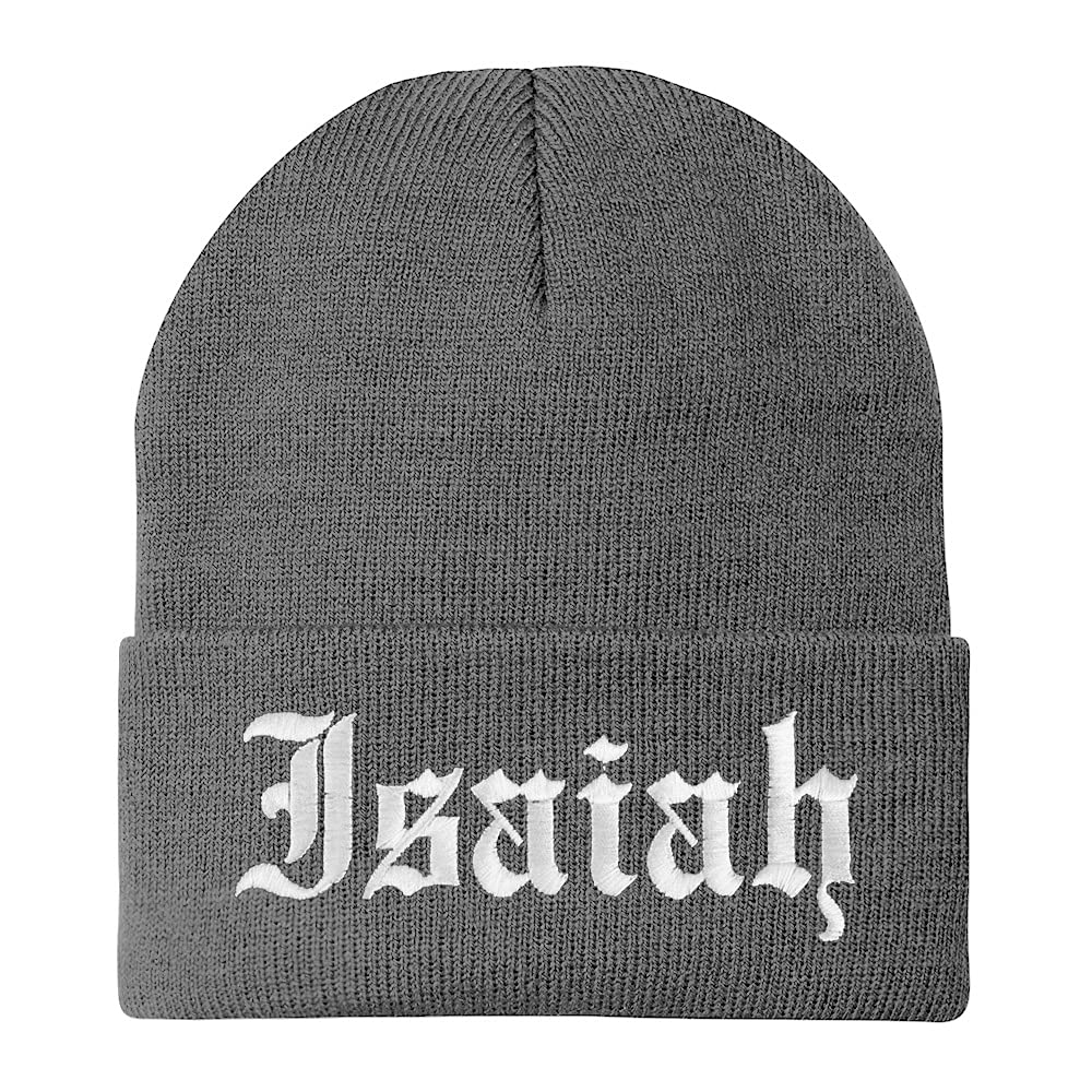 Trendy Apparel Shop Isaiah Old English Embroidered Long Cuff Beanie