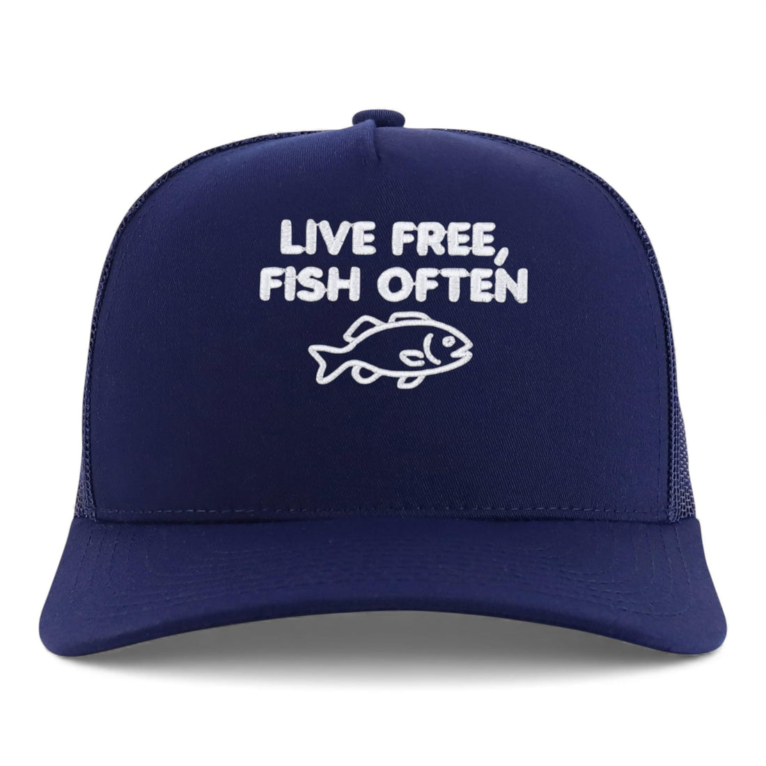 Trendy Apparel Shop Live Free, Fish Often Embroidered 5 Panel Snapback Trucker Cap