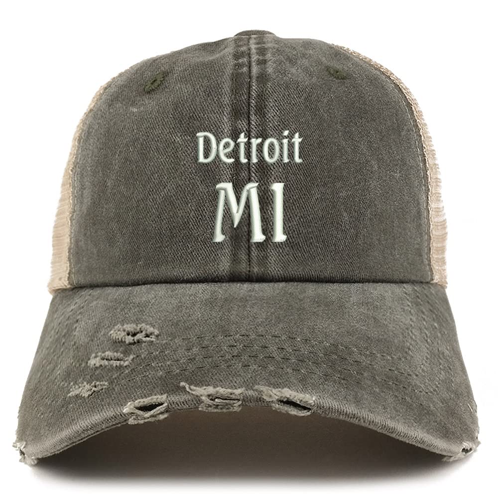 Trendy Apparel Shop Detroit MI Embroidered Frayed Bill Trucker Mesh Back Cap