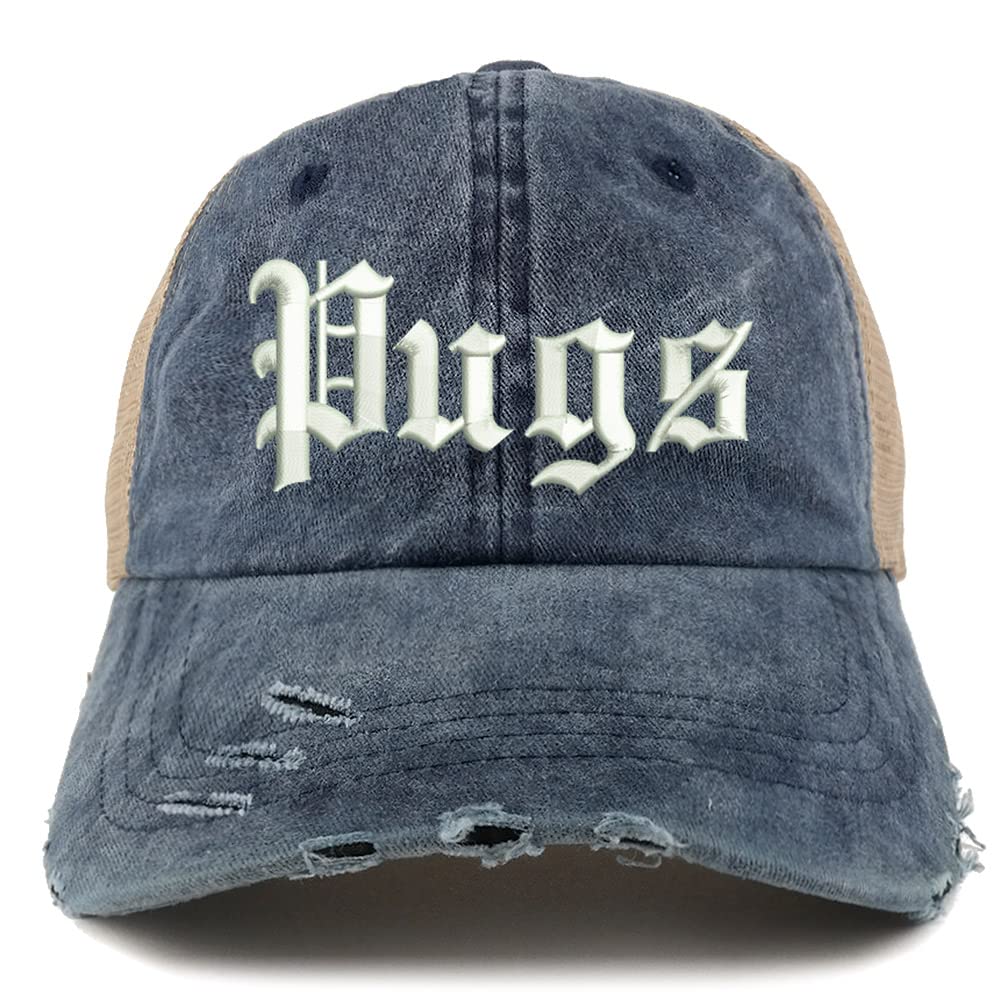 Trendy Apparel Shop Old English Pugs Frayed Bill Trucker Mesh Back Cap
