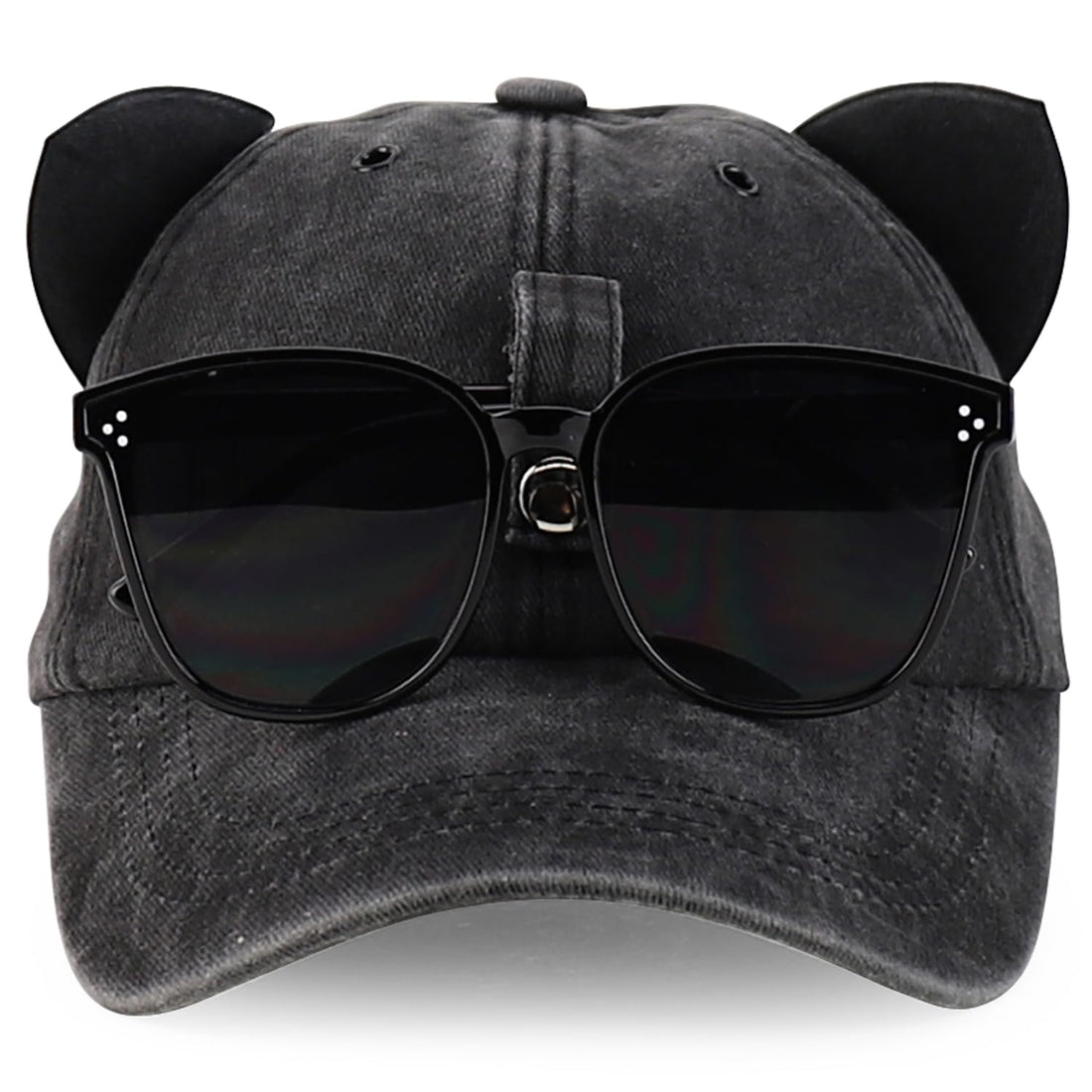 Trendy Apparel Shop Washed Cotton Cat Ear Baseball Cap with Sunglasses Holder