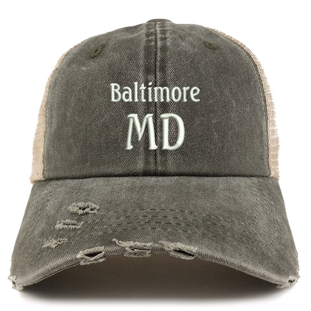 Trendy Apparel Shop Baltimore MD Embroidered Frayed Bill Trucker Mesh Back Cap