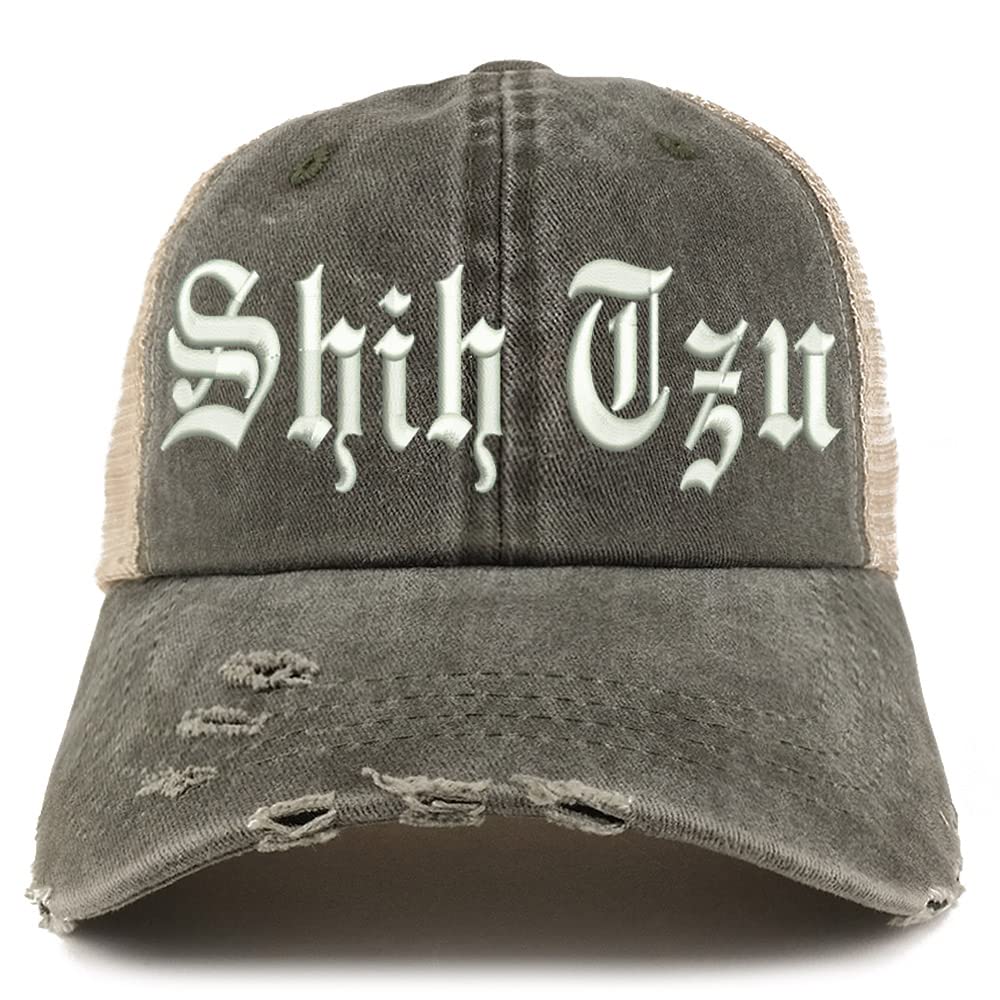 Trendy Apparel Shop Old English Shih Tzu Frayed Bill Trucker Mesh Back Cap