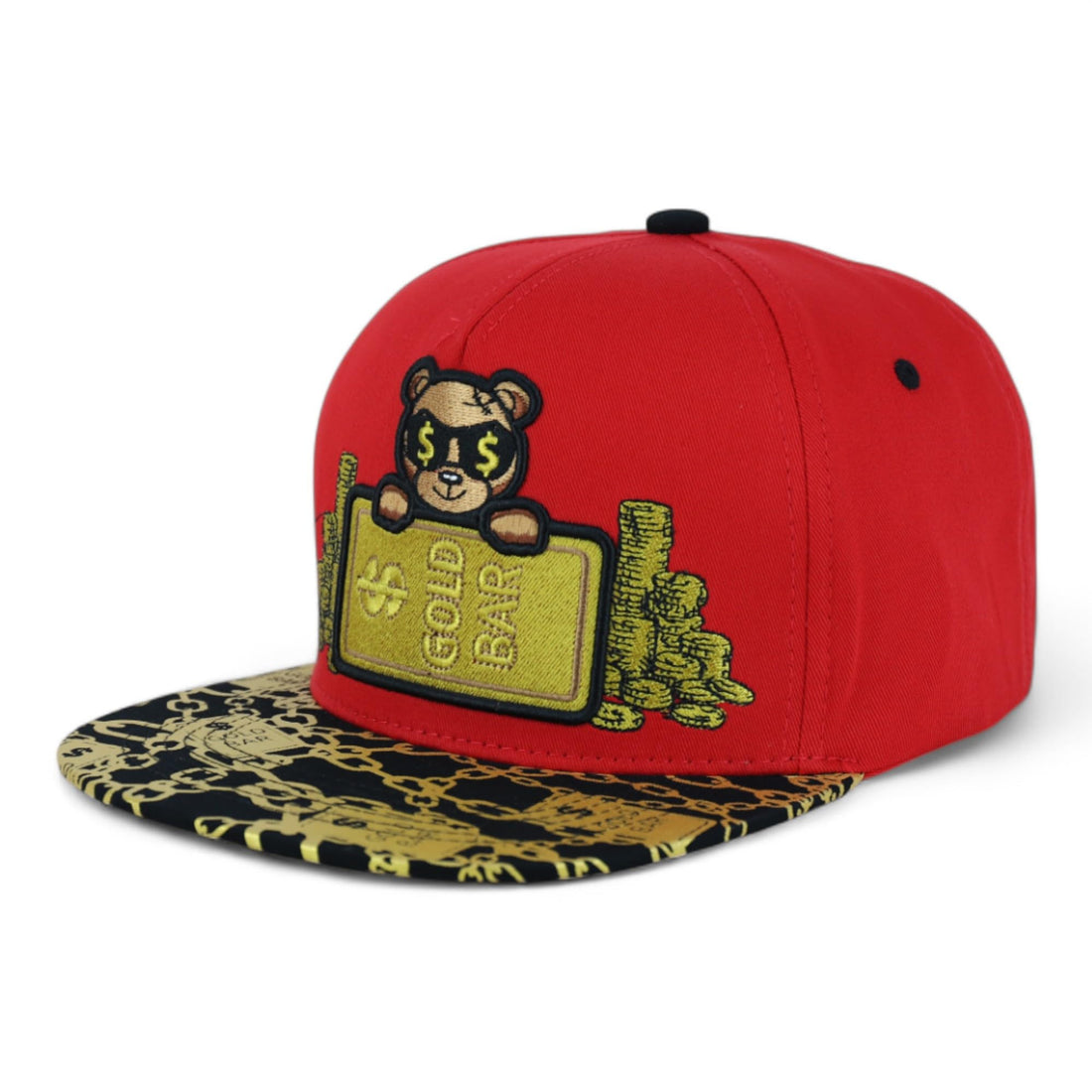 Trendy Apaprel Shop 5 Panel Bear Money Design Embroidered Flatbill Snapback Cap