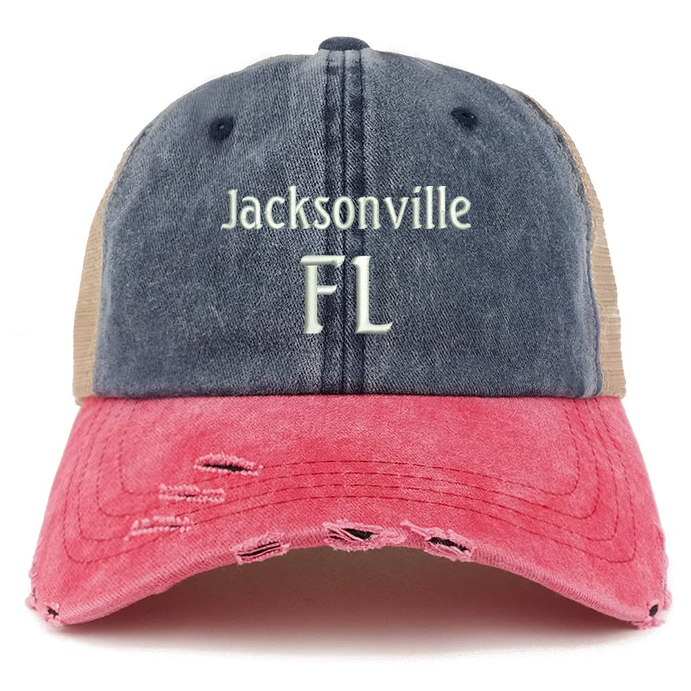 Trendy Apparel Shop Jacksonville FL Embroidered Frayed Bill Trucker Mesh Back Cap