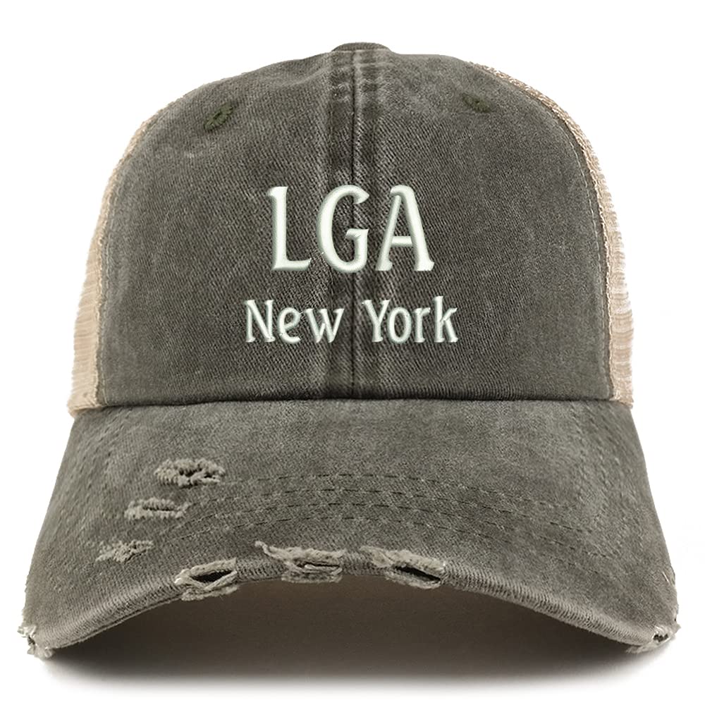 Trendy Apparel Shop LGA New York Embroidered Frayed Bill Trucker Mesh Back Cap