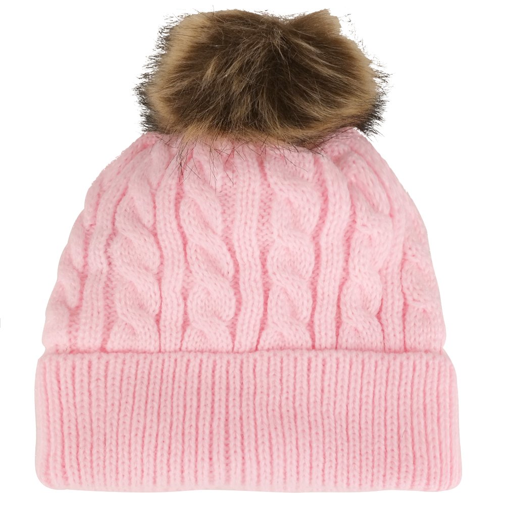 Trendy Apparel Shop Kid's Cable Knit Cuffed Up Fur Pom Winter Beanie