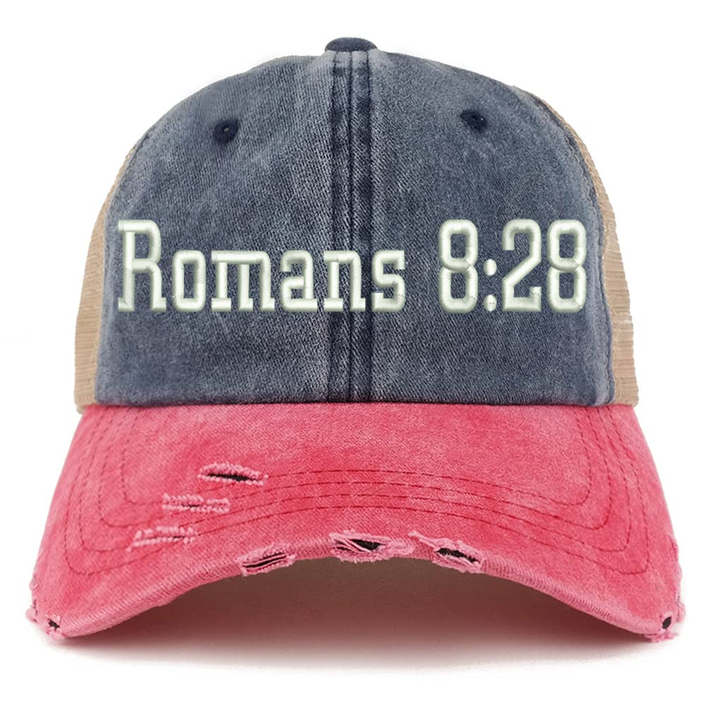 Trendy Apparel Shop Romans 8:28 Frayed Bill Trucker Mesh Back Cap