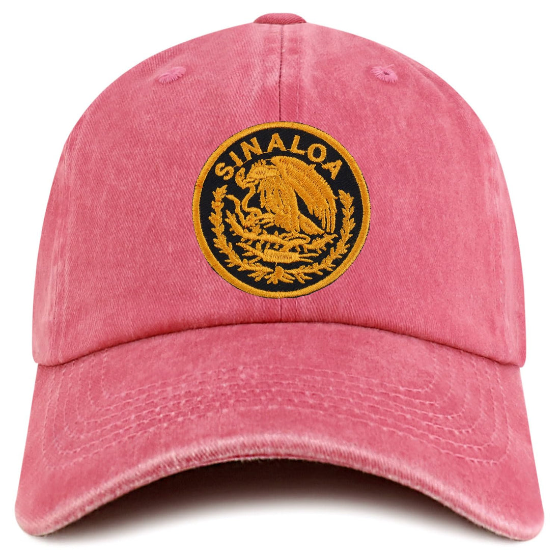 Trendy Apparel Shop Sinaloa Mexico Gold Embroidered Patch Pigment Dyed Washed Baseball Cap