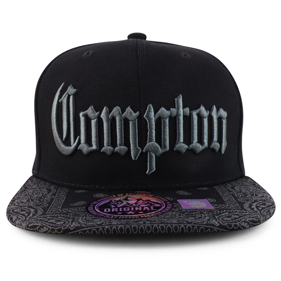 Trendy Apparel Shop Compton Old English Font Embroidered Bandana Flatbill Cap