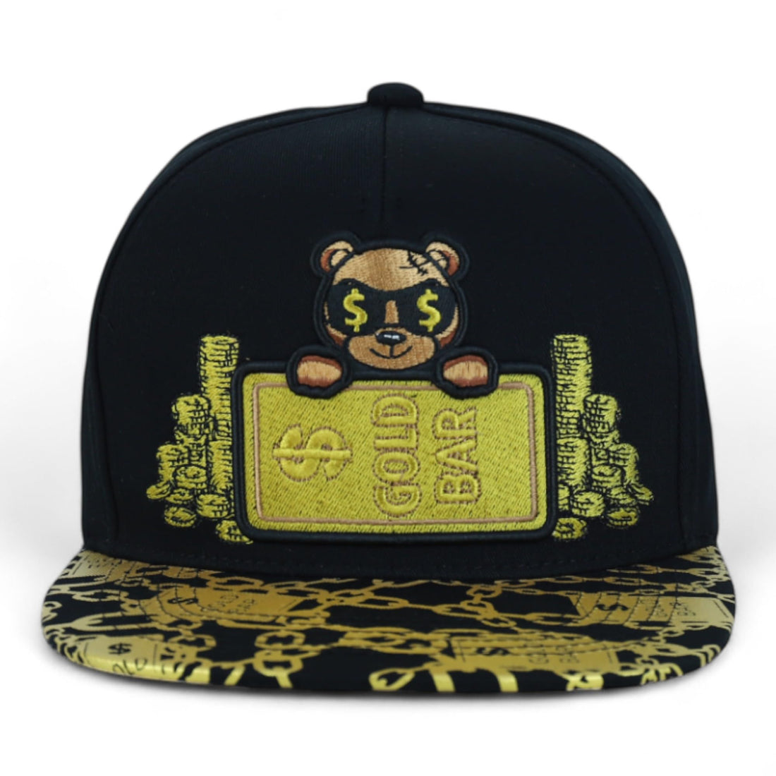 Trendy Apaprel Shop 5 Panel Bear Money Design Embroidered Flatbill Snapback Cap