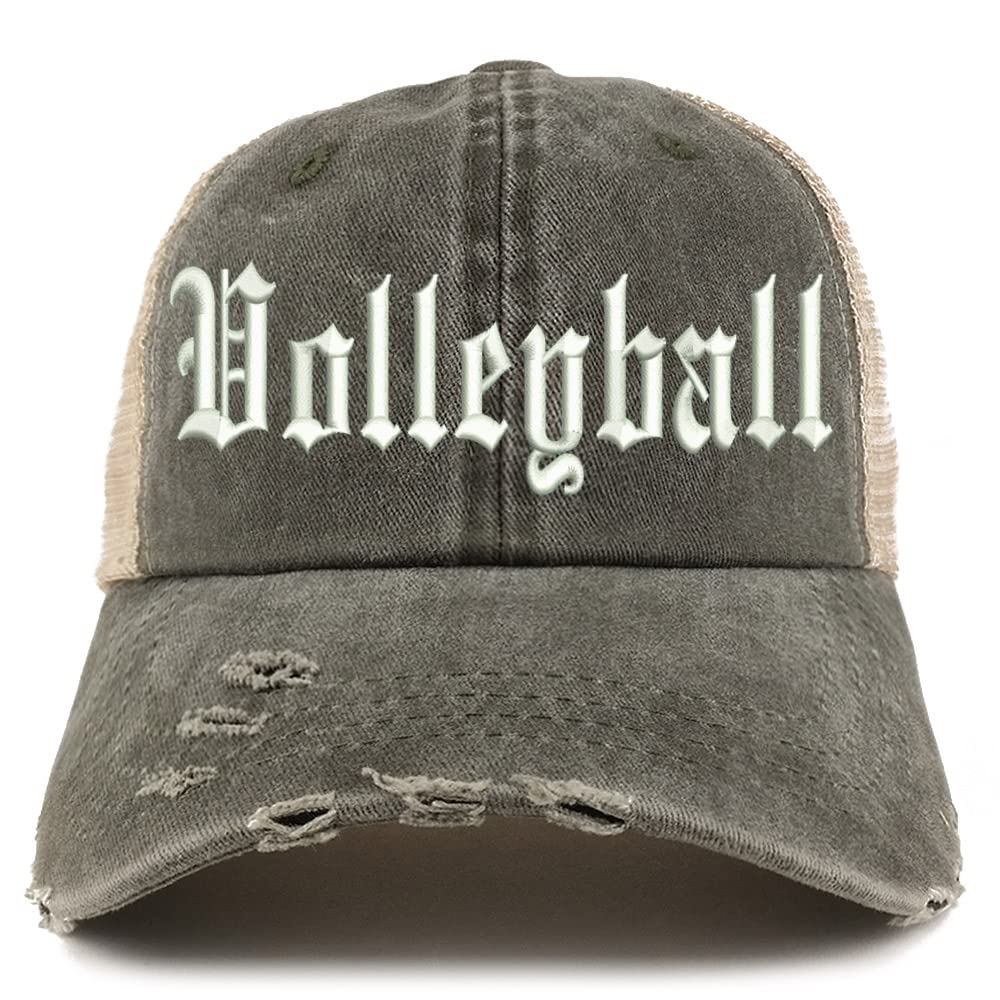 Trendy Apparel Shop Old English Volleyball Frayed Bill Trucker Mesh Back Cap