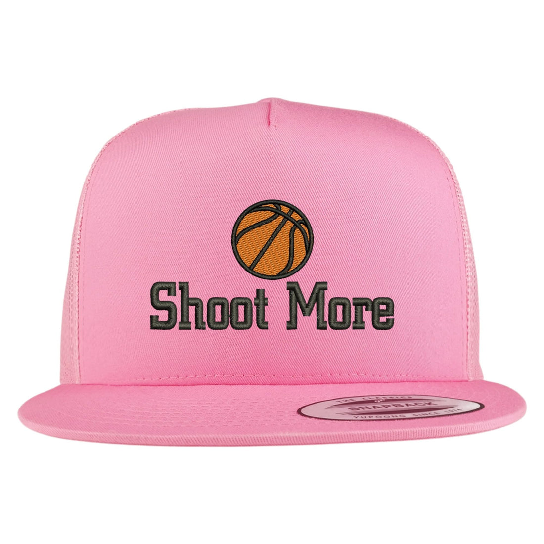 Trendy Apparel Shop Basketball Shoot More Embroidered 5 Panel Flatbill Trucker Mesh Cap